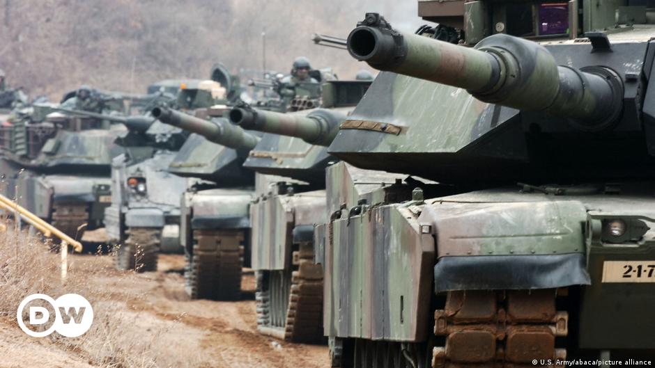 Abrams tanks in a line
