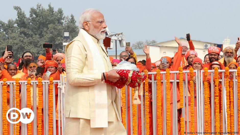 Temples and other buildings on the bank of Sarayu river are seen illuminated ahead of the foundation-laying ceremony for a Hindu temple in Ayodhya, India