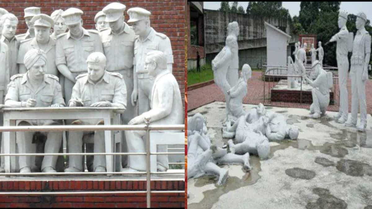 Estatua que representa la rendición del ejército de Pakistán a la India en 1971 vandalizada en Bangladesh